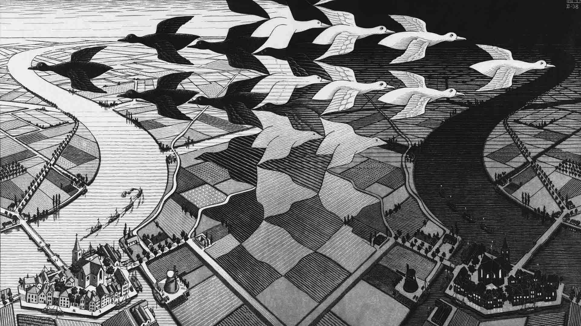 Day and Night, woodblock detail, by M.C. Escher