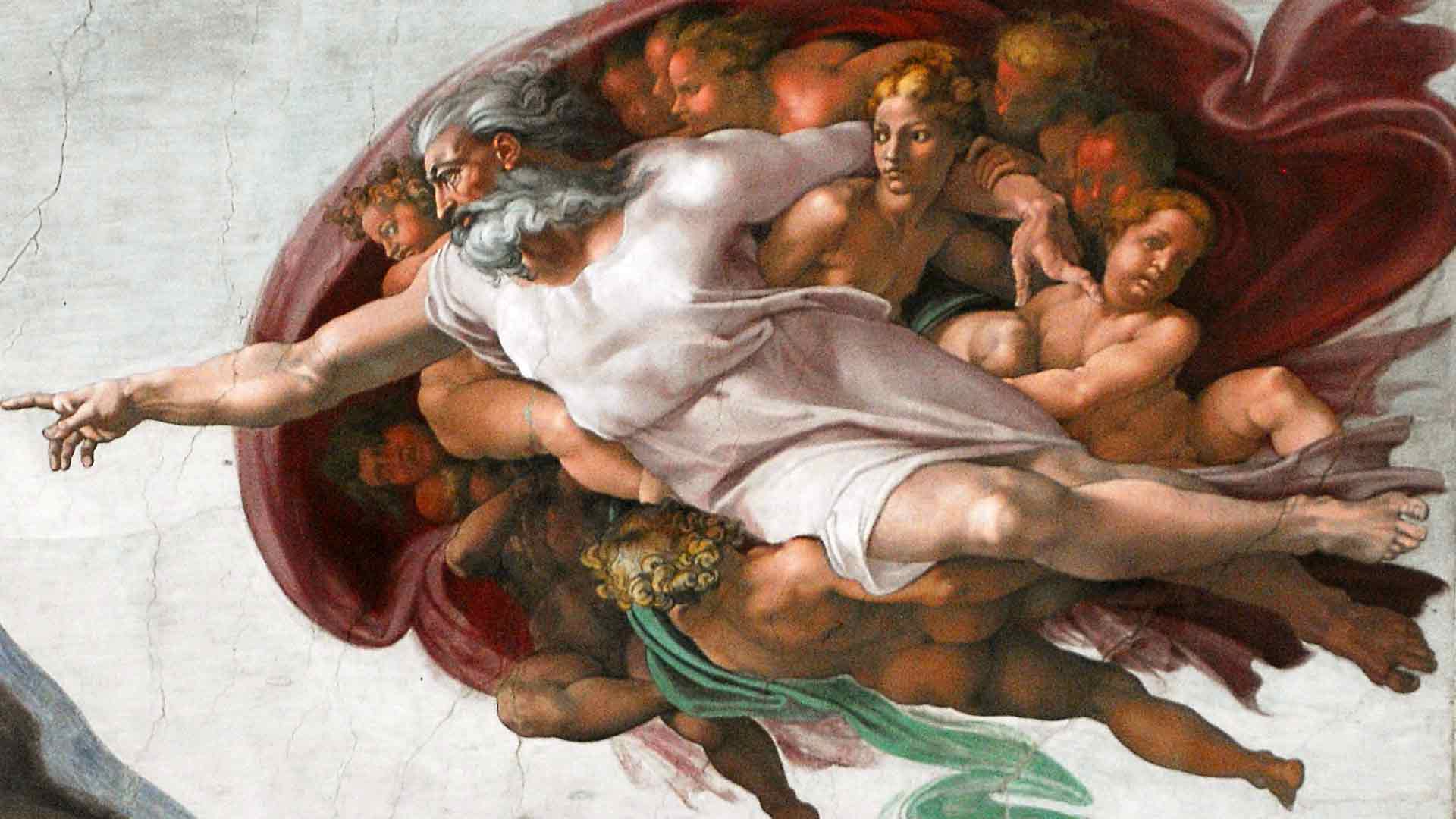 Sistine Chapel ceiling fresco with detail of God in The Creation of Adam, c.1508-12, 
		by Michelangelo at the Vatican Museums in Rome, Italy. (CC0 1.0)